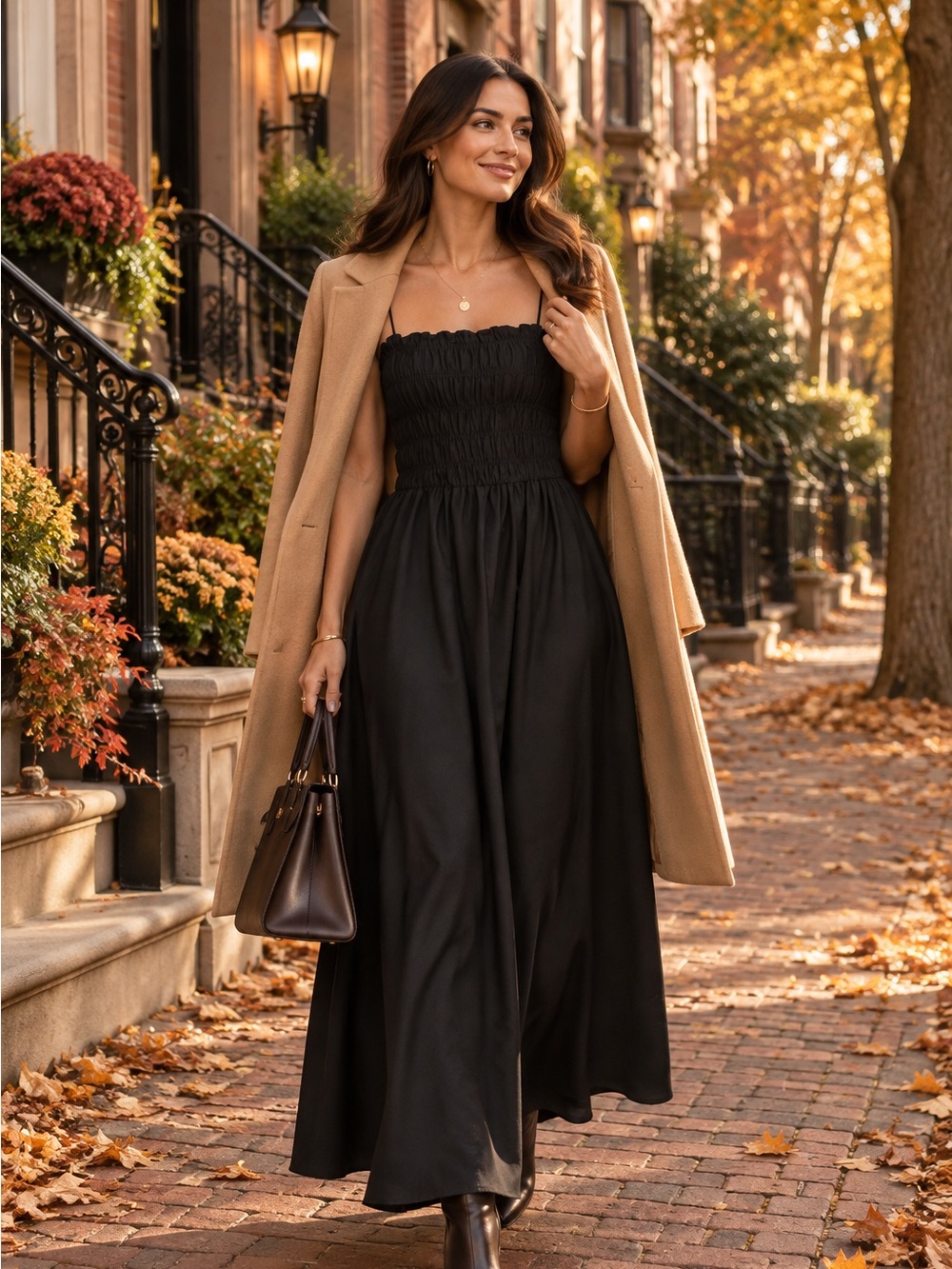 Shirred Bodice Flowy Maxi Dress Spaghetti Strap Sundress black